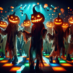 Energetic pumpkin-headed zombies marching on colorful disco floor under spotlights with glowing jack-o-lanterns. Ideal for Halloween apparel, tees, party posters, capturing spooky dance adventure