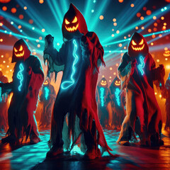Hooded pumpkin figures with lightning effects marching on vibrant disco floor under beams. Great for Halloween designs, tees, showcasing electrified horror theme