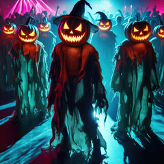 Energetic pumpkin-headed zombies marching on colorful disco floor under spotlights with glowing jack-o-lanterns. Ideal for Halloween apparel, tees, party posters, capturing spooky dance adventure