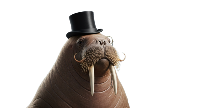 Walrus wearing a black top hat against a blue gradient background.