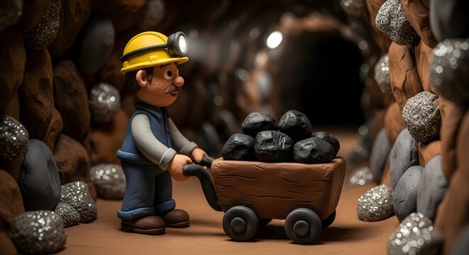 Claymation Miner Pushing a Wheelbarrow of Coal. - Powered by Adobe