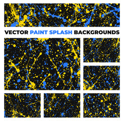 Abstract paint splash vector set with bold blue and yellow splatters on black. Modern backgrounds for edgy, urban, and creative graphic design projects.