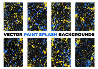 Abstract paint splash vector set with blue and yellow splatters on black. Bold backgrounds for modern, edgy, urban, and creative design projects.