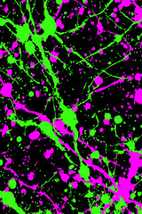 Vibrant splatter paint vector with pink and green drips on black. Grungy, chaotic abstract background for trendy urban art, posters, and digital projects.