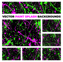 Abstract neon paint splash vector set with green and pink splatters on black. Bold backgrounds for modern, edgy, creative designs and artistic projects.