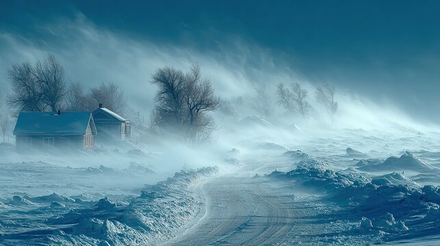 Harsh winter blizzard sweeps across a vast snowy plain, covering small isolated homes and bare trees. Deep snowdrifts line the desolate winding road under extreme cold.