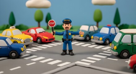 Claymation Police Officer Directing Traffic at Crossroads.