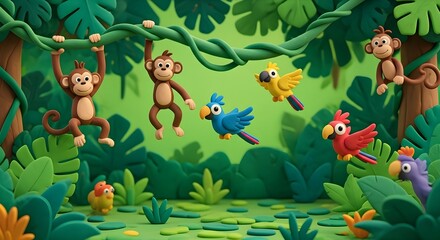Playful Claymation Jungle Scene with Monkeys and Parrots.