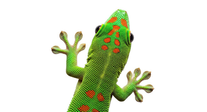 Green gecko with orange spots isolated on white background close up view.