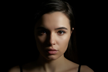 Fototapeta premium Mysterious Portrait of a Young Woman in Dim Light