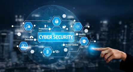 A modern representation of cyber security showcasing icons of protection, detection, identity, and...