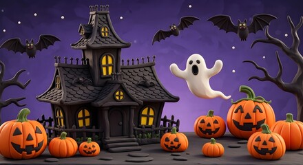 Spooky Halloween Scene with Haunted House and Ghost.