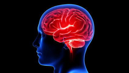 Obraz premium Glowing red brain inside blue human head profile image