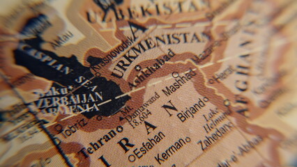 Detailed texture vintage globe showing countries at Asia continent closeup.