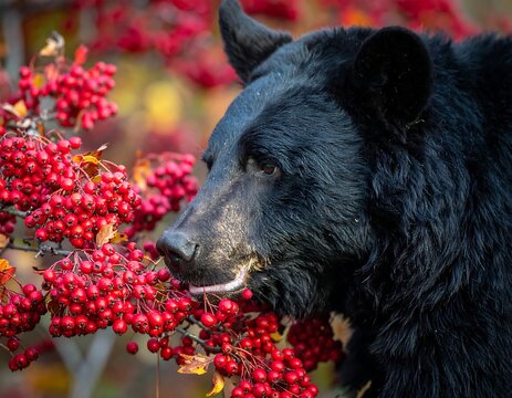 Black bear eating berries in autumn