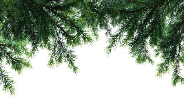 Lush evergreen boughs, richly textured, form a vibrant green border against a stark white background, suggesting a festive or natural theme