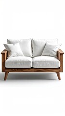 A minimalist loveseat with a light wood frame and plush white cushions, showcasing clean lines and mid-century modern style