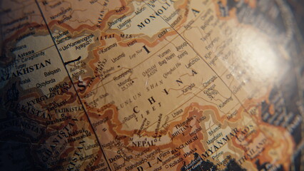 Detailed geographical elements globe closeup. Macro view countries names marked 