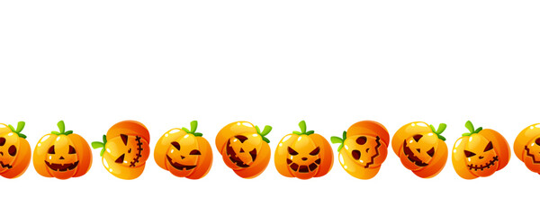A seamless border with Halloween pumpkins on a white background. Orange pumpkins with different facial expressions, including an emotion, eyes, and a smile. A seamless pattern for Halloween designs.