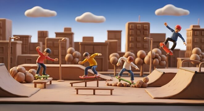 Playful Clay Figures Skateboarding in a Diorama City.