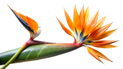 A vibrant bird of paradise flower isolated on transparent background displays striking orange petals and a blue accent, creating a captivating and exotic floral composition