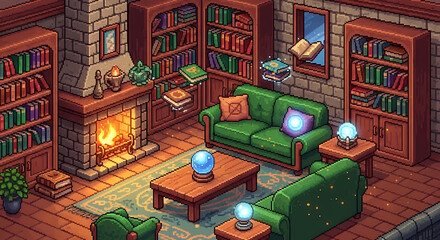Naklejka premium Cozy Pixel Art Living Room with Retro 8-Bit Design, Wooden Floor, Warm Lighting, and Detailed Sofa Interior for Game Background or Digital Art Assets
