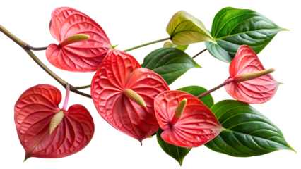 Anthurium, commonly known as flamingo flower, showcasing its vibrant red spathes and glossy green leaves, isolated on transparent background, a tropical beauty