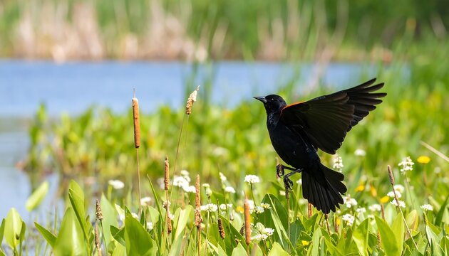 Black bird in flight over marsh