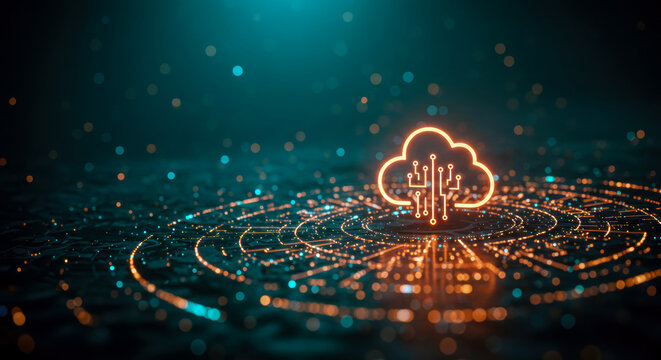 Neon Cloud Icon with Circuit Lines and Particle Rings for Cloud Networking