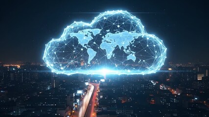 Futuristic digital cloud with a global network map floating over a modern smart city, illustrating concepts of big data, AI, and cloud computing technology - Powered by Adobe