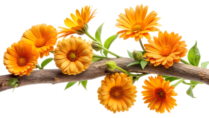 Vibrant calendula flowers on a branch isolated on transparent background, showcasing their bright orange petals and lush green foliage in a natural and captivating display