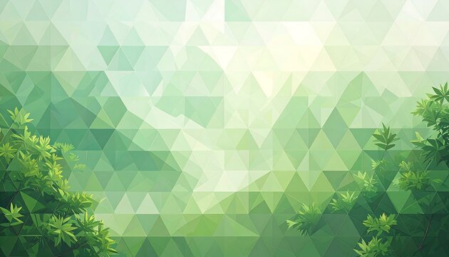 Abstract, triangular landscape with green leafy plants in the corners, soft and calming