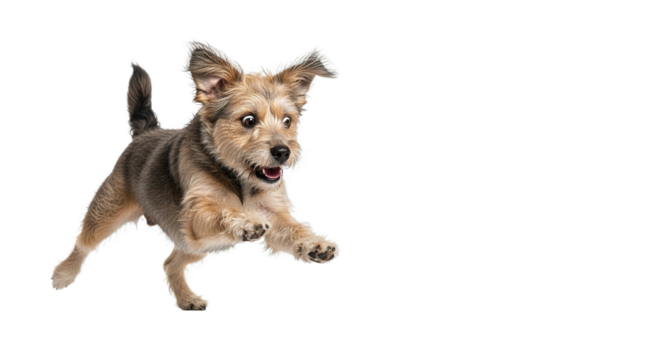 Small dog runs toward a red ball on a white background.
