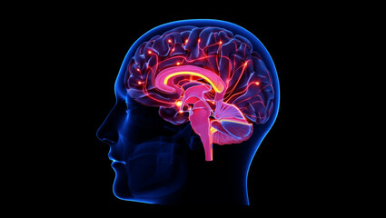 Obraz premium Human brain neural network glowing red and pink head profile