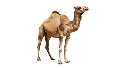 A camel stands isolated against a white background in a full shot.
