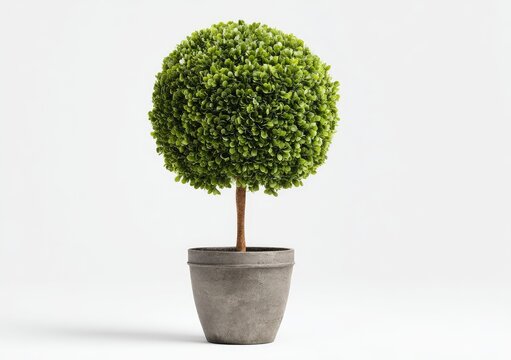 A small, perfectly spherical artificial boxwood topiary on a slender brown stem, sits in a simple gray pot against a bright white backdrop