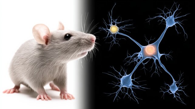 Mouse is standing in front of a brain with many neurons. The mouse is looking at the brain with curiosity