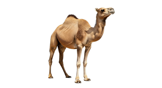 A camel stands isolated against a white background in a full shot.