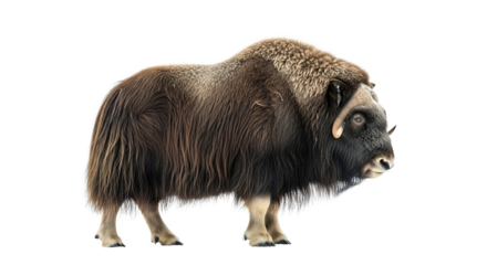 Musk ox standing isolated on a white background in a studio shot.