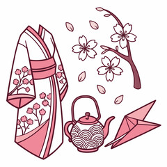 A charming collection of japanese cultural icons including a kimono cherry blossoms a teapot and origami cranes in a soft pink color palette