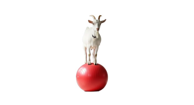Small goat figurine stands atop a red apple against a neutral background.
