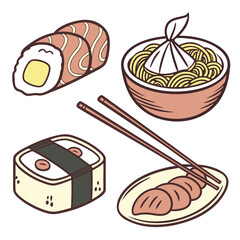 A delightful illustration of japanese cuisine featuring salmon sushi rolls a bowl of ramen noodles with a bag of toppings nigiri sushi and grilled meat slices with chopsticks on a plate
