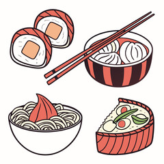 A delightful collection of japanese food illustrations featuring sushi rolls a bowl of ramen dumplings in broth and a slice of sushi pizza on a white background