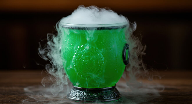 Witch&rsquo;s brew cocktail in a cauldron-style glass, glowing green with dry ice effect.