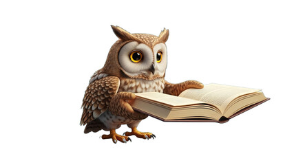 Cartoon owl holding an open book against a dark teal background.