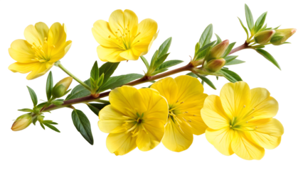 Charming yellow evening primrose isolated on transparent background, displaying its delicate petals and intricate details, evoking a sense of natural beauty and tranquility