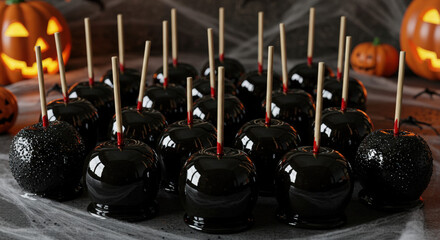 Candy apples coated in black sugar glaze, spooky reflections.