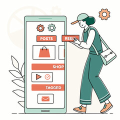 Young woman interacting with a smartphone screen displaying social media content like posts reels shop and tagged items with a casual outfit and a shoulder bag