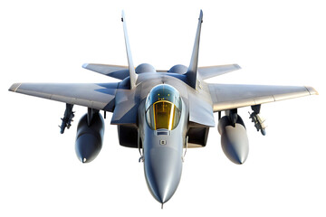 Gray fighter jet with yellow canopy and missiles isolated on a transparent background