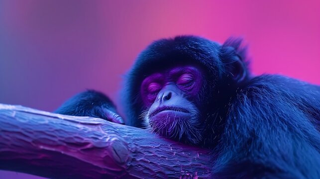 A black monkey sleeps peacefully on a tree branch under vibrant neon lighting